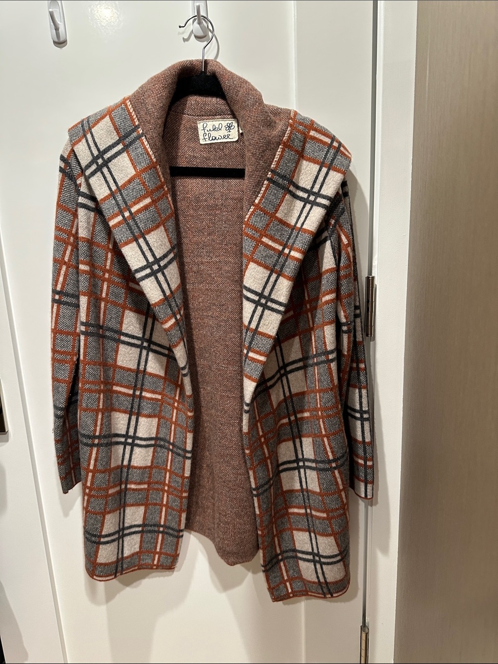 Kule Plaid Hooded Open Cardigan Sweater - Rust & Cream